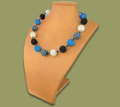 Beaded Bobble Necklace Blue Silver Black