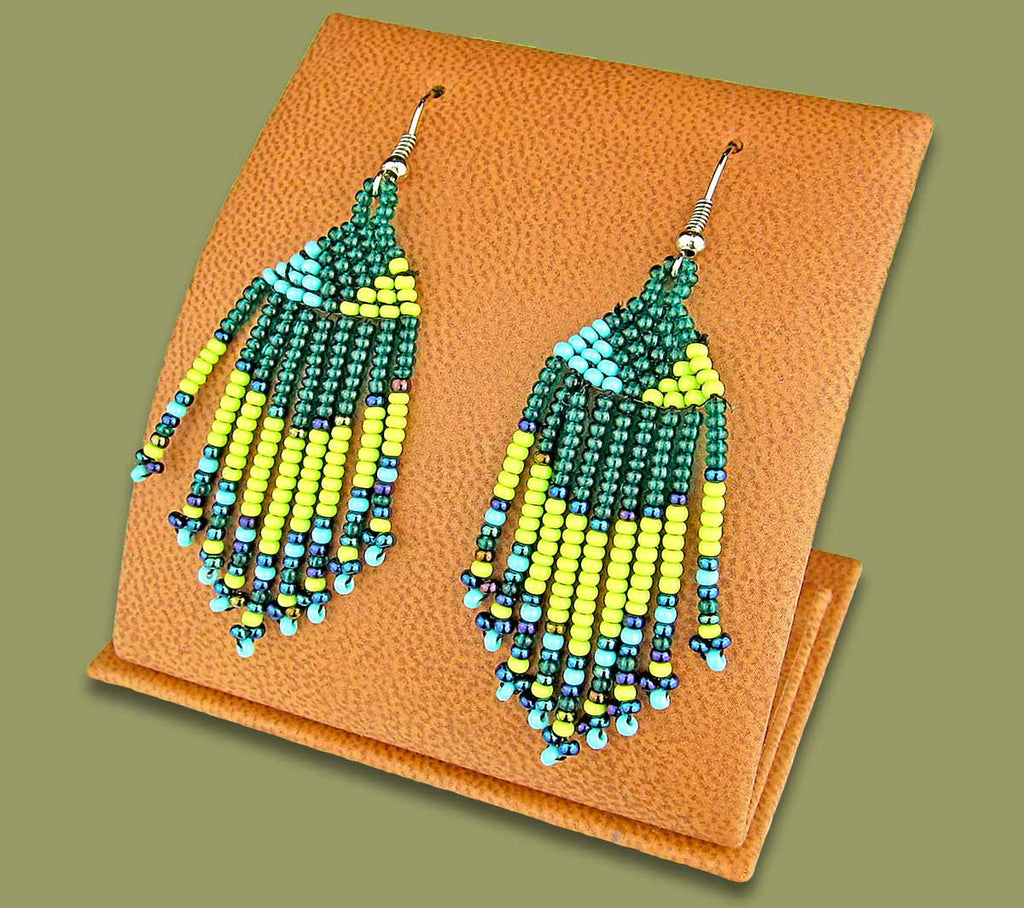 Beaded Zama Short Tassel Earrings Lime Navy Blue Jad